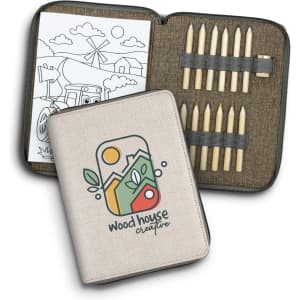 A portable drawing set featuring coloured pencils in a zippered case, with a sketchpad showing a colouring page.