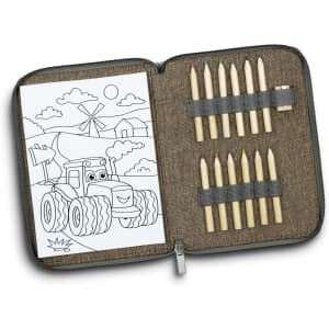 A portable drawing set with a zipped case, featuring coloured pencils and a black-and-white illustration of a tractor.