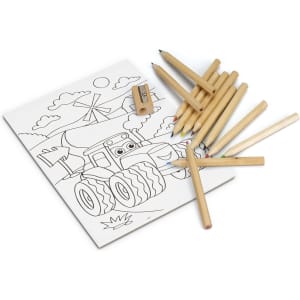 A portable drawing set featuring multiple coloured pencils and a colouring sheet with a vehicle illustration.