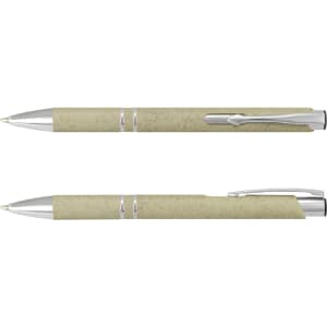 A dual-ended pen in a light green hue with silver accents and a clip, featuring a logo on the barrel.