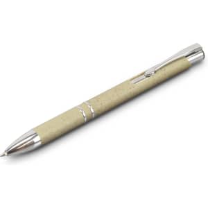 A green pen with silver accents and a clip, featuring a textured surface and a shiny finish.