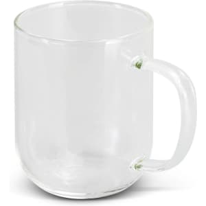 A glass mug with a handle, featuring a clear design and simple, modern style.
