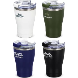 A drink bottle set featuring four vacuum cups in white, olive green, navy blue, and black, each with a clear lid and branding.