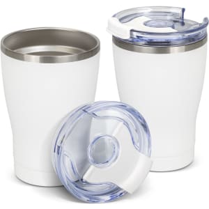 A drink bottle set featuring two white vacuum cups with stainless steel interiors and clear lids.
