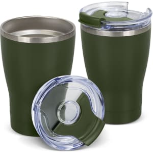 A drink bottle set featuring two olive green vacuum cups with clear lids. One lid is detached from a cup.