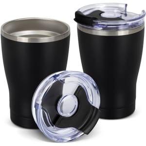 A drink bottle set featuring two black vacuum cups with clear lids and stainless steel accents.