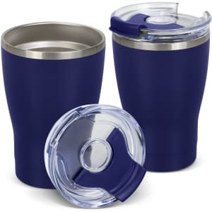 A drink bottle set featuring two deep blue vacuum cups with stainless steel inside and transparent lids.