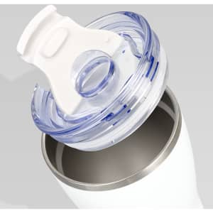 A drink bottle featuring a white body and transparent lid, showcasing a stainless steel interior.
