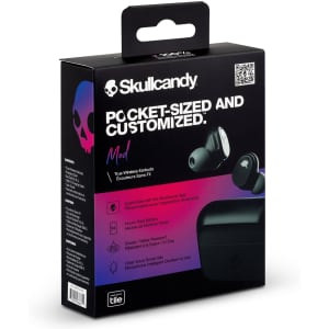 A package for Skullcandy Mod TWS Earbuds, featuring black and purple colours, with a logo and various product details.