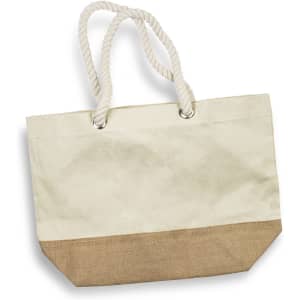 A tote bag with a cream upper section and a tan burlap bottom, featuring rope handles and a logo.