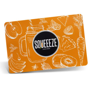 An orange promotional place mat featuring illustrations of fruits and vegetables, along with a logo in the centre.