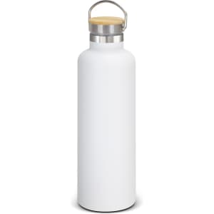 A drink bottle in white with a stainless steel cap and a bamboo handle. It has a logo on the side.