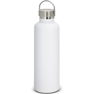 A drink bottle in matte white finish with a stainless steel cap and a carrying handle, featuring a logo.