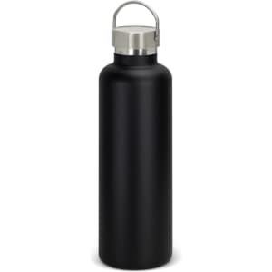A drink bottle with a sleek matte black finish and a stainless steel lid, featuring a carry handle.