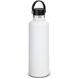 A drink bottle in white with a black carry lid, featuring a sleek, minimalist design.