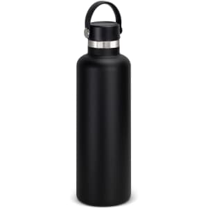 A drink bottle in matte black with a carry lid and a metallic accent, featuring a logo.