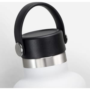 A drink bottle with a white body and a black carry lid, featuring a silver accent on the neck.