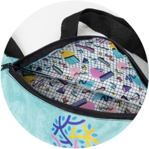 A turquoise belt bag featuring a colourful, patterned interior design and black straps. The bag has a zippered opening.