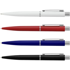 A collection of four plastic pens in white, red, blue, and black, each featuring a silver clip and trim.