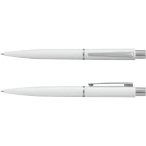 A set of two white plastic pens with silver accents, featuring a sleek design and a clip for convenience.