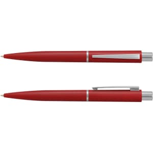 A red plastic pen with a silver clip and accents, displayed from two angles. It features a logo.