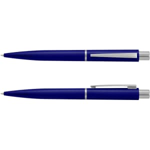 A blue plastic pen with a silver clip and accents, displayed in a top-down view and side view.