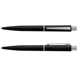 A black plastic pen with silver accents, featuring a clip and a smooth design. It has a logo on the body.
