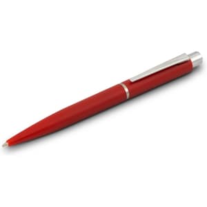 A red plastic pen with a silver clip, featuring a sleek, smooth design and a branding logo.