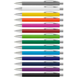 A collection of Lancer Soft-Touch Pens in various colours, featuring a silver clip and accents.