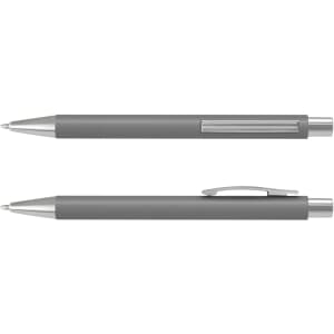 A grey Lancer Soft-Touch Pen features a sleek design with metallic accents and a clip, and has a logo on its body.