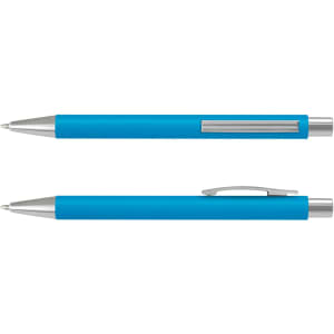 A blue soft-touch pen with silver accents and a clip, featuring a sleek design and a logo.