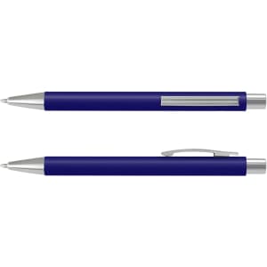 A blue soft-touch pen with silver accents, featuring a clip and a smooth writing tip. It has a simple logo.