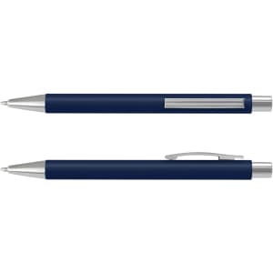 A navy blue soft-touch pen with silver accents and a clip, featuring a sleek, modern design.