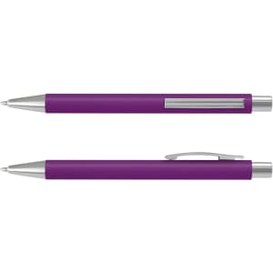A soft-touch plastic pen in vibrant purple with silver accents and a clip. Features sleek design and branding.