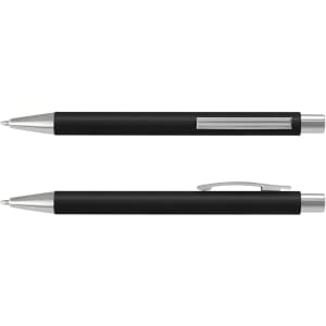 A black Lancer Soft-Touch Pen with silver accents, featuring a sleek design and a branding logo.