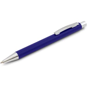 A blue soft-touch pen with a silver clip and tip, featuring a simple design and a branding logo.