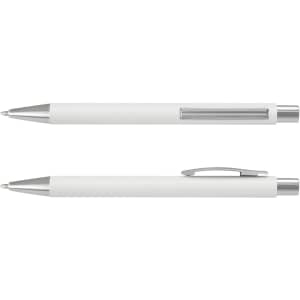 A white plastic pen with a silver clip and trim. The pen features a sleek, soft-touch design and a logo.
