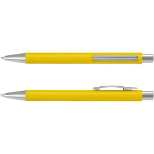 A yellow soft-touch pen with silver accents and a clip. The pen is displayed from two angles.