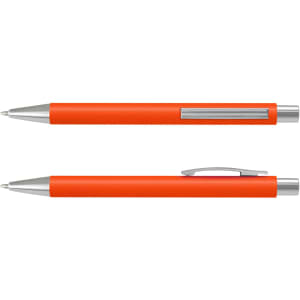 An orange soft-touch pen with silver accents, featuring a clip and a smooth barrel design.