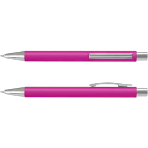 A pink soft-touch pen with a shiny silver trim and a clip, featuring a sleek design and a branding logo.