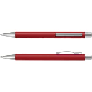 A red soft-touch pen with a silver clip and tip, featuring a sleek design and a branding logo.