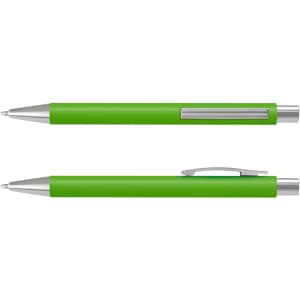 A green plastic pen with a silver clip and tip, featuring a sleek, soft-touch finish.