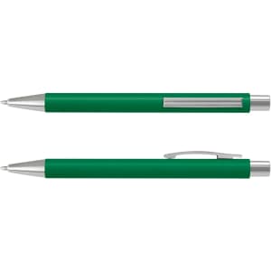 A green Lancer Soft-Touch pen with a silver clip and tip, featuring a sleek, smooth design.