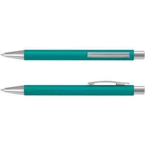 A teal plastic pen with a silver clip and accents, featuring a smooth, soft-touch grip. It has a branding logo.