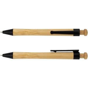 A bamboo pen with black accents, featuring a clip and a rounded top. It has a natural wood texture.