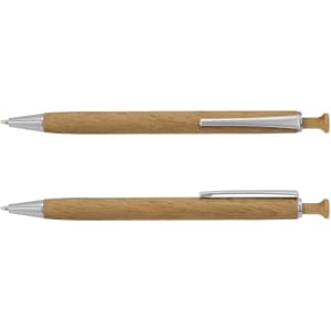 A wood pen with a natural finish and silver accents, featuring a sleek design and a clip.