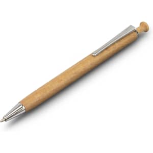 A wooden pen with a sleek silver clip and tip, showcasing a natural wood finish. The pen includes branding.