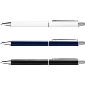 A set of three metal pens in white, navy blue, and black, featuring chrome accents and a branding logo.