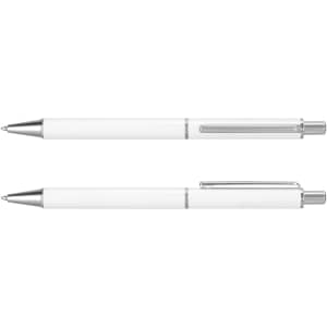 A metal pen in white with silver accents, featuring a clip and a sleek design. It has a logo on the surface.