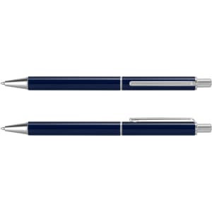 A metal pen set featuring a sleek navy blue finish with silver accents and a clip design. Includes two pens.